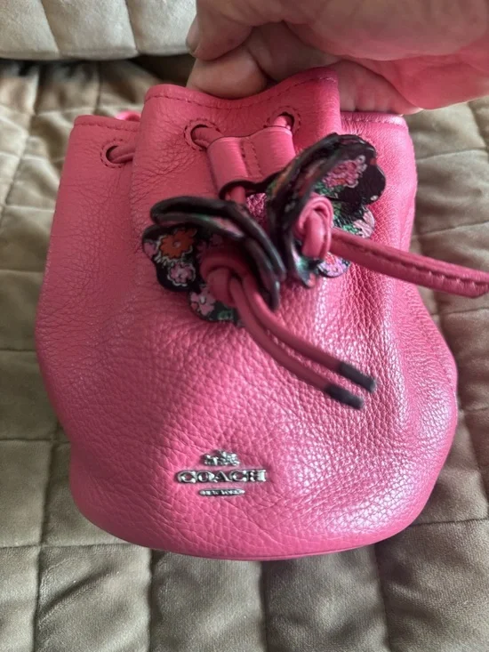 Rare Coach Pink Leather Floral Drawstring Mini Bucket - Picture 1 of 7